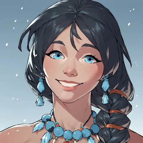 score_9, score_8_up, score_7_up, solo, 1girl, looking at viewer, black hair, smile, bead necklace, braided ponytail, Blue eyes, Outside Snow, nude,