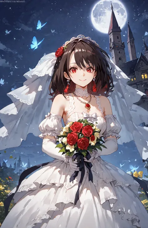 score_9,score_8_up,score_7_up, 1girl,   underworld-goddess,red eyes, black_hair, smile,, (wedding dress:1.1),(red rose:1.1),  bride, bridal veil, elbow gloves, hair ornament,holding bouquet,jewelry,necklace,  long  dress,     night,grasslands,  starry sky,...