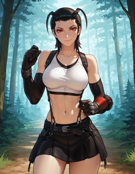 (Cartoon illustration (style):1.25), masterpiece, beautifully drawn, 1girl{(Larxene, black hair, antenna hair, red eyes), breasts, Tifa cosplay, white top, gloves, skirt}, forest    <lora:Larxene-000007:1>