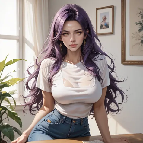 score_9, score_8_up, score_7_up, score_6_up, score_5_up, score_4_up, masterpiece portrait of flrnmfst wearing of cowboy, blue jeans and white shirt, sitting on table, 
yellow eyes, purple hair, long hair,
beautiful face, large breasts, medium waist, curvy ...