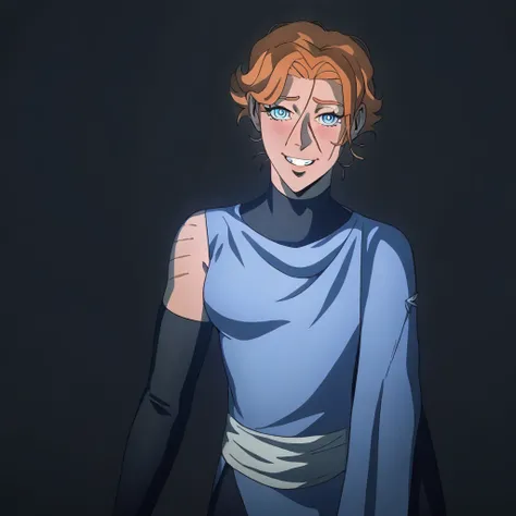 (5YPH4B3LN4D3S:1.2), an anime styled image, Standing at attention, cape, blue cape, detached, sleeves, claw mark, scar on shoulder,,1girl, short hair, orange hair, blue eyes,, medium breasts, perky breasts, solo, blushing, smile, happy, looking at viewer, ...