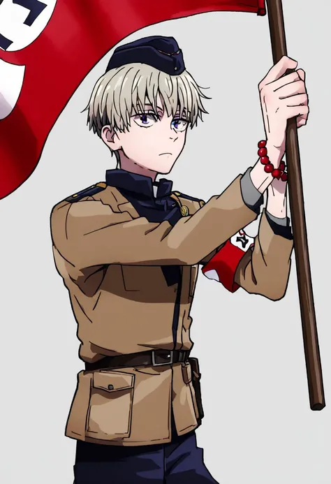 score_9, score_8_up, source_anime, highly detailed,highly detailed eyes,toge_inumaki, grey hair, purple eyes, bangs, short hair, Red flag with circle in the White with, beads, long sleeves,shirt, Holding the  flag, hat, male focus, flag, holding flag, uppe...