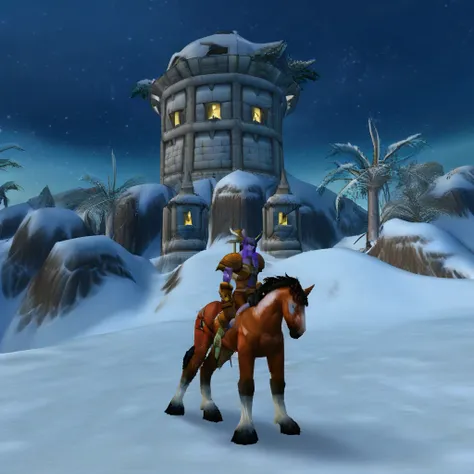 parpXL, ironforge, muscular, sentry tower, horse, bare tree, bow (weapon), magazine, cloud, gurubashi, night elf, sky, spear, winter, palm tree, snow, ruins