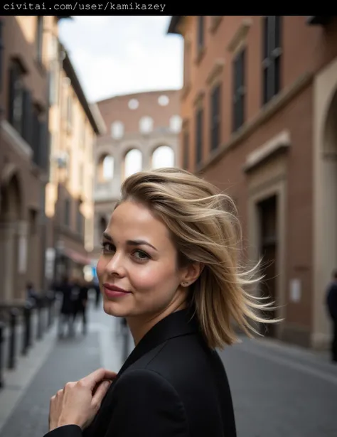 lina_esco with fair skin and long, blonde hair, styled in loose waves, standing in a narrow, cobblestone street lined with historic buildings in Rome. She has striking brown eyes and a subtle, natural makeup look that enhances her youthful appearance. Her ...