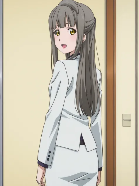 anime screencap, anime coloring,
<lora:Director_Minami_Kotoris_mom_from_Love_Live_-_Illustrious:.8>, 1girl, solo, Director Minami (character), long hair, grey hair, skirt, formal, suit, from behind, girl looking back, :D, cowboy shot, yellow eyes