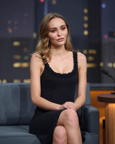 1girl, ultrarealistic, real photo, detailed skin, visible pores, photorealistic, thighs, elegant rib dress, vibrant stage lighting, seated on a stylish talk show couch, confident and charismatic expression, modern late-night show set, night city background...