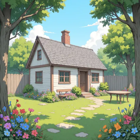 composition,cinematic_angle,building_focus,style of realistic painting,(hyperrealism:1.1),Pencil drawing art style,delicate shading,precise lines,animated garden,lush greenery,trees,flowers,summer day,a one-story house with a pitched roof,quaint house,fenc...