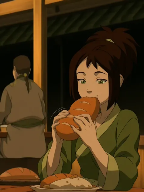 <lora:Jin_Illustrious-000017:1>
absurdres, high quality, masterpiece, very awa, anime screencap, 8k, absurd res
1girl, jin, brown hair, hair bun, green eyes,
green kimono, 
table, eating, food, eating contest, bread eating race, motion lines, motion blur, ...