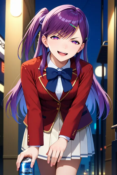 score_9, score_8_up, score_7_up, score_6_up, source_anime, 1girl, solo,  <lora:kamuromasumi-pdxl-nvwls-v1_1-000005:1> hskamuro, one side up, purple hair, long hair, purple eyes, hairclip, red blazer, black bowtie, white miniskirt, pleated skirt, holding be...