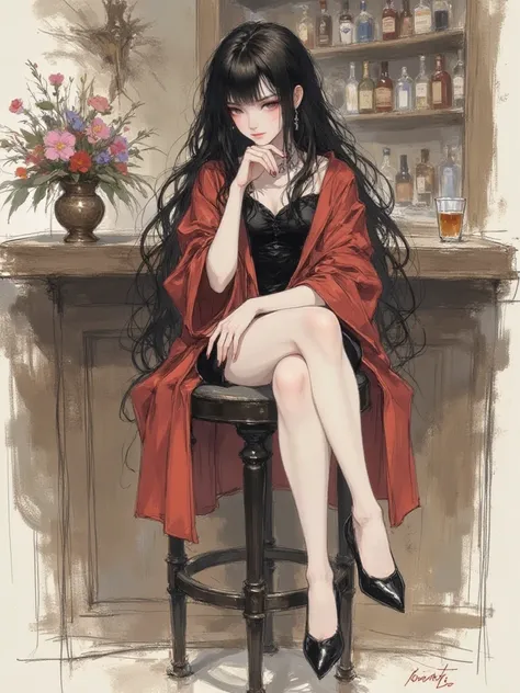 This is a digital drawing in an anime style,featuring a slender woman with long,flowing black hair. She is seated on a high stool at a bar,wearing a red,oversized coat that drapes over her black dress. Her legs are crossed,and she is wearing high-heeled sh...