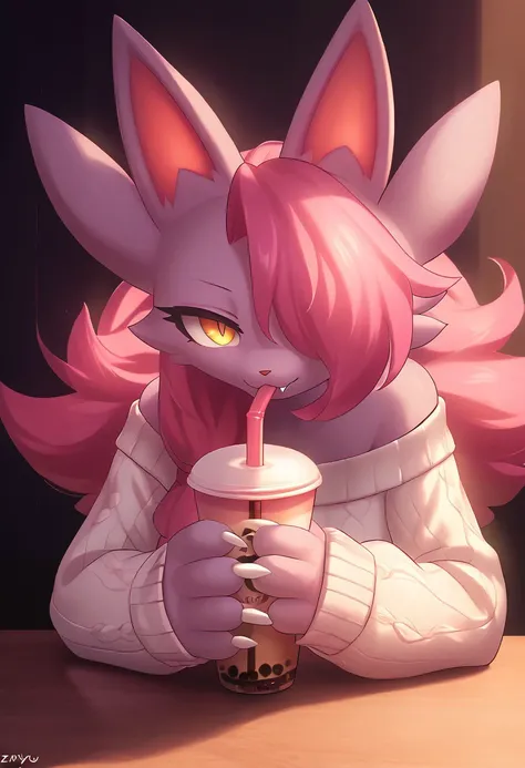 masterpiece, score_9, score_8_up, score_7_up, score_6_up, (by zinfyu), detailed, vibrant, soft lighting, hyper-detailed, source_furry, nyafia_palworld, palworld, bang, anthro, furry, pink body, pink hair, fangs, white sweater, sitting by table, drinking bu...