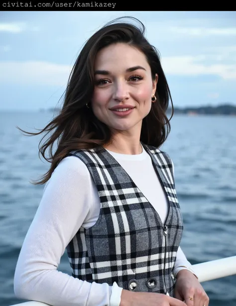 crystal_reed standing by the edge of a calm, blue ocean. She has long, straight, dark brown hair that cascades over her shoulders. Her skin is fair and smooth, with a natural glow. Her facial features are delicate, with high cheekbones, a straight nose, an...