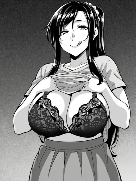 score_9, score_8_up, score_7_up,  
1girl, monochrome, Midori tt, mature female, black hair, ponytail, hair scrunchie, large breasts,

t-shirt, short sleeves, long skirt, shirt lift, black bra, hands on own chest, closed mouth, smile, licking lips, narrowed...