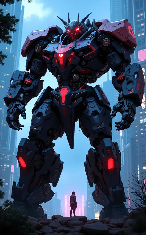 MechArmor, heavy mech, power armor, bulky, Off-center composition, low perspective, a futuristic hulking robot, heavy geometrical design, stadning atop a hill with trees, a small figure standing in front of him looking up, in the valley a neon lights cyber...