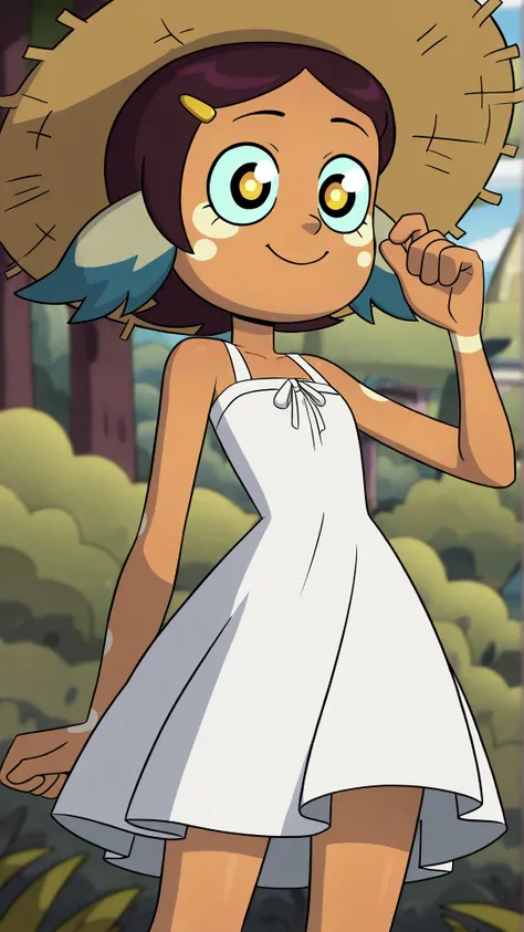 theowlhouse_luz, ((masterpiece, best quality, absurdres)), ((1girl, solo, short hair, brown hair, animal ears, light blue sclera, black eyes, yellow pupils, vitiligo, dark skin)), ((hairclip, sun hat, sundress)), ((smile)), ((outdoors, nature)), <lora:theo...