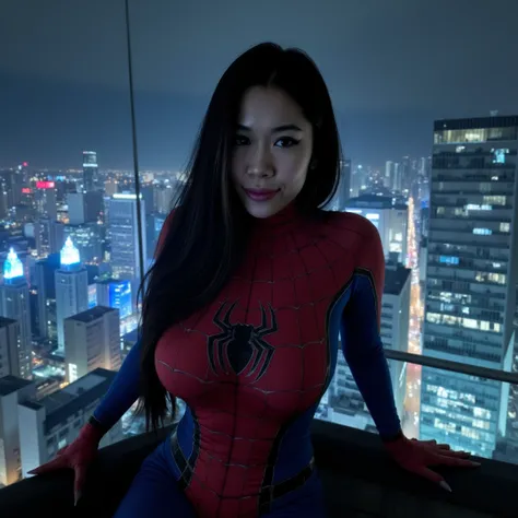 (A cinematic shot of <lora:Awkie:1> a young woman with a light to medium skin tone. a stunning female model, wavy hair, makeup and mascara. She is dressed in a detailed Spider-Man costume, featuring intricate web patterns. The costume is a tight, full-body...