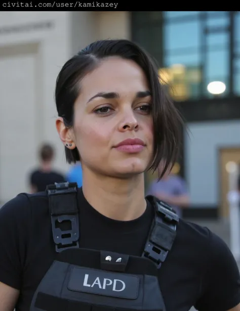 This is a high-resolution photograph of lina_esco dressed in a black tactical police uniform. She has a medium complexion, straight dark hair, and is of medium build. Her hair is neatly combed back, revealing her face and the side of her neck. She wears sm...