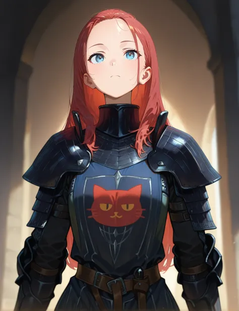 masterpiece,best quality,higres illustration,detailed face,1girl,<lora:knight_surcoat_IL:1>,surcoat,armor,upper body,forehead, red hair,cat print