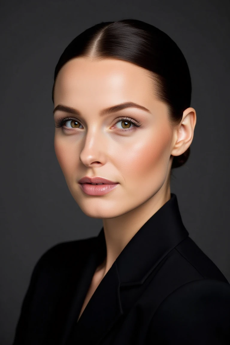 Create a close-up, high-fashion portrait of a woman with striking eyes and confident smile. Her hair is styled back in a sleek manner, revealing her facial features with clarity. She wears a sophisticated black outfit that exudes elegance and minimalism. T...