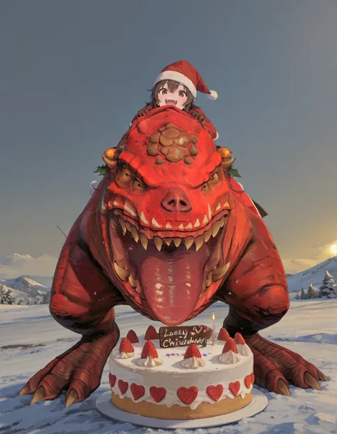 (2D,best quality,solo,source_anime,cute,lovely,curvy), tongue, Da Acid Burpa, sky, da acid burpa, fangs, colossal squig, open mouth,monster, claws,6 sets of eyes,Birthday Cake,santa_hat,snow,<lora:Colossal_Squig:1>