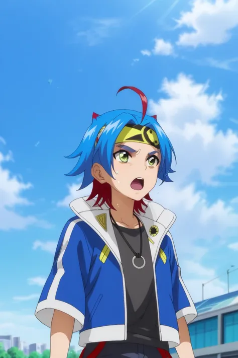 score_9, score_8_up, score_7_up, score_6_up, score_5_up,score_4_up, 
masterpiece, best quality, amazing quality, very aesthetic, absurdres, newest, official art, high resolution
shin, blue hair, green eyes, multicolored hair, headband, blue jacket, grey sh...