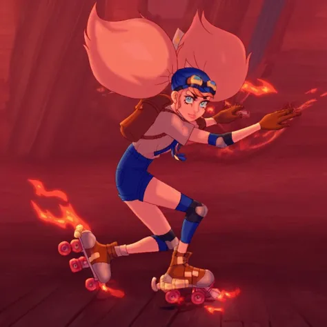 weapon, looking at viewer, fire, gloves, twintails, blue eyes, roller skates, long hair, 1girl, ponytail, goggles on head, goggles, brown gloves, denim, inline skates, backpack