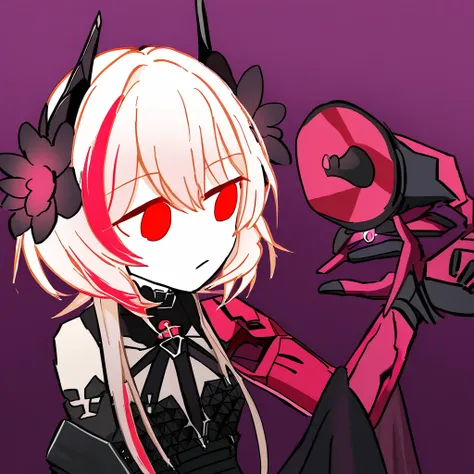 Soppo4thAnni, multicolored hair, long hair, red eyes, streaked hair, black dress,  single mechanical arm, black gloves, hair flower, bangs,