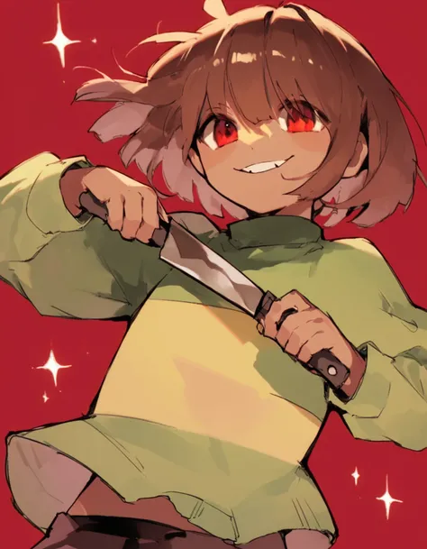 score_9, score_8_up, score_7_up, score_6_up, score_5_up, score_4_up, <lora:Chara_undertale:1>, chara_undertale, brown hair, kitchen knife, smile, dark red background