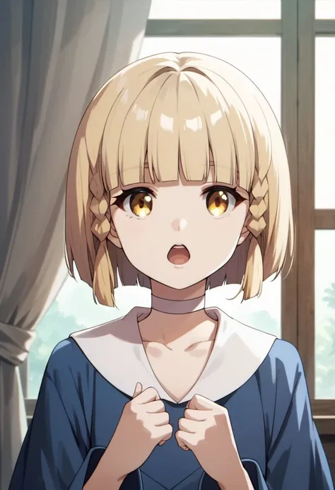 score_9, score_8_up, score_7_up, source_anime, alize, blonde hair, short hair, blunt bangs, golden eyes, 1girl, solo, braid, open mouth, curtains, indoors, window, choker, hands up, upper body, twin braids, collarbone, white choker