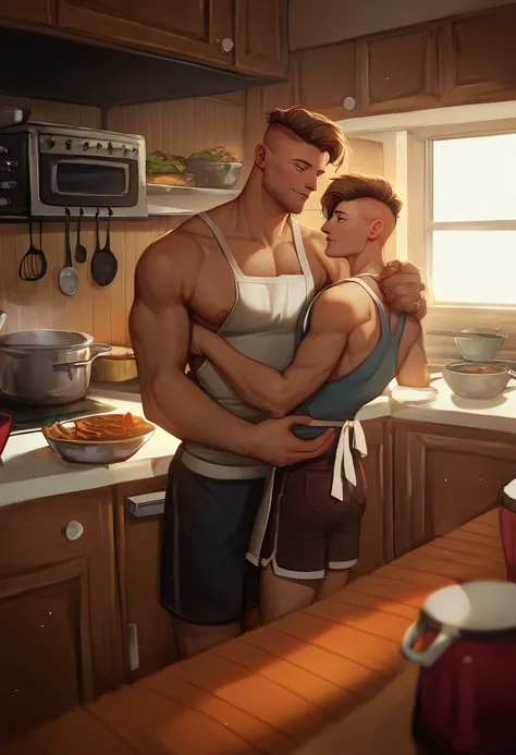 embedding:PonyPositivezPDXL3, score_9, score_8_up, score_7_up, boso_artstyle, 2boys, look at other, muscular male, mature male, stubble shave, indoors, tank tops, shorts, intimate, hugging from behind, standing, kitchen, stove, fridge, apron, cooking, food...