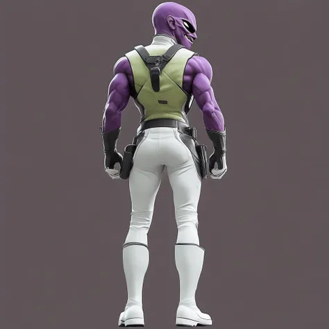 gloves, view from behind, white pants, simple background, view from the side, purple skin, weapon, black eyes, from behind, smile, white gloves, cloud, ass, 1boy, teeth, male focus, white footwear, black background, handgun, standing, boots, green eyes, fu...