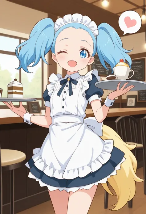 best quality, masterpiece, sapphiehuman, 1 girl, solo, twintails, blue eyes, blue hair, yellow tail, cafe, maid outfit, maid headdress, tray, eye eye closed, open mouth, spoken heart, forehead