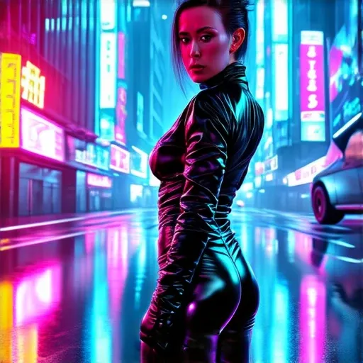 photography, 4k, realistic, high resolution, HD, woman in tight black leather outfit in cyberpunk city, at night, with neon reflection and wet pavement