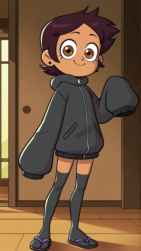 theowlhouse_luz, ((masterpiece, best quality, absurdres)), ((1girl, solo, short hair, brown hair, brown eyes, dark skin)), ((stud earrings, over-kneehighs, sleeves past fingers, black jacket, tabi, sandals)), ((smile)), ((indoors)), <lora:theowlhouse_luz-s...