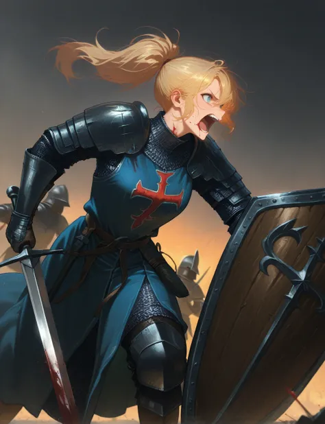 masterpiece,best quality,higres illustration,detailed face,1girl,<lora:knight_surcoat_IL:1>,surcoat,chainmail,holding shield,holding longsword,upper body,fighting,war,shouting,long blonde ponytail,blood,