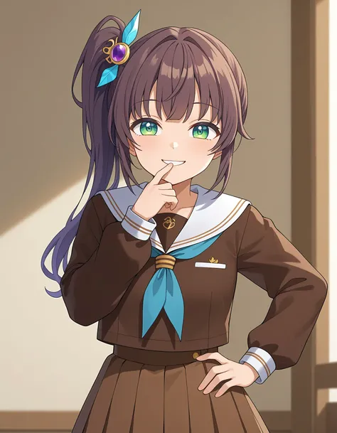 (masterpiece), best quality, expressive eyes, perfect face, school uniform, smile, virtual youtuber, hair ornament, hand on own chin, side ponytail, food-themed hair ornament, neckerchief, looking at viewer, finger to own chin, hand on hip, serafuku, sailo...