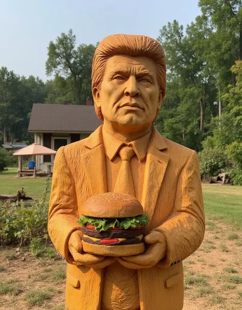 <lora:Chainsaw_sculpture:0.9> chainsaw sculpture, outdoors. Donald trump holding a burger