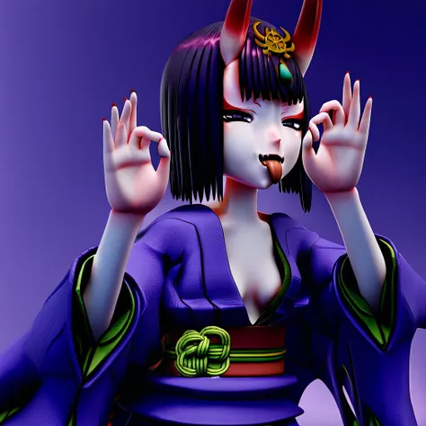 1girl, shuten douji, purple  kimono, purple hair, purple eyes, eyeshadow, small breasts, smug, fellatio gesture, open mouth, tongue out, oni, oni horns, dkclaude3d, 3D