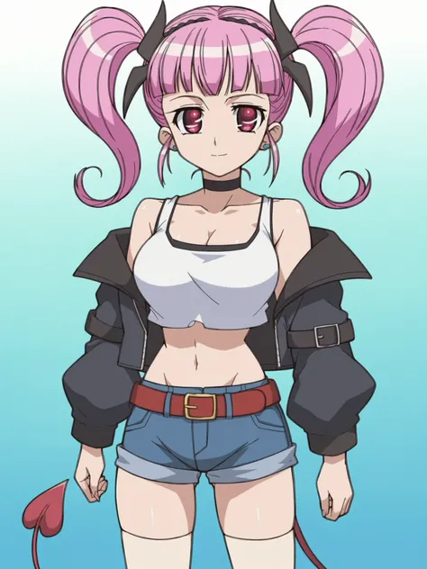 score_9, score_8_up, score_7_up, score_6_up, score_5_up,
1girl, solo, breasts, tail, pink_hair, horns, demon_tail, shorts, jacket, twintails, large_breasts, smile, looking_at_viewer, long_hair, navel, choker, black_background, pink_eyes, short_shorts, belt...