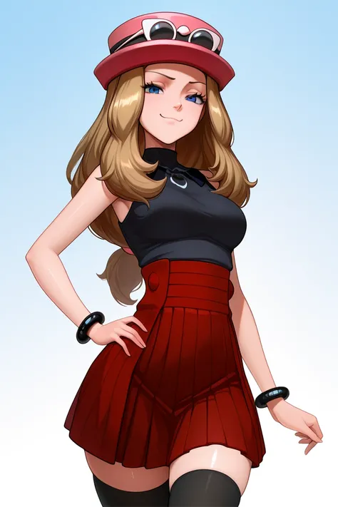 masterpiece, best quality, 1girl, solo, beautiful eyes, zzSerena, solo, long hair, blue eyes, eyewear on headwear, pink headwear, eyelashes, sleeveless shirt, black shirt, bracelet, high-waist skirt, red skirt, black thighhighs,  <lora:SerenaPokemonIXL_v2:...