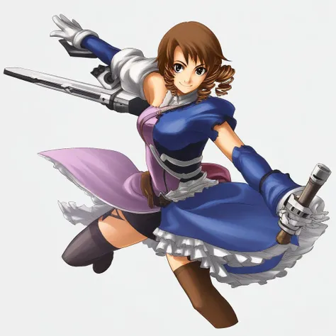 upper body, white background, smile, dress, brown hair, short hair, weapon, asymmetrical clothes, drill hair, 1girl, thighhighs