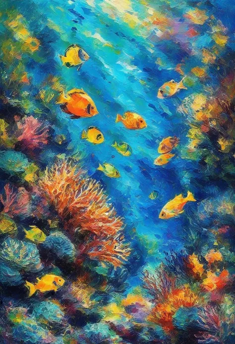 ImpressionistStrokes,  An underwater coral reef scene, with beams of sunlight piercing the waterâs surface and illuminating schools of colorful fish, the vibrant hues and soft motion of the aquatic world captured in Impressionist style.