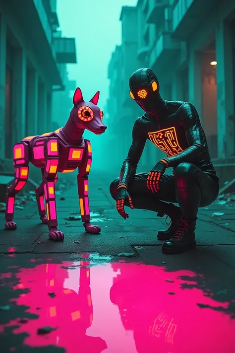 An adult humanoid figure crouches in a futuristic cyberpunk alley, illuminated by glowing highlighter-inspired colors (neon pinks, oranges, and greens). The figure wears a sleek, reflective black bodysuit with glowing circuitry patterns on the chest and ar...