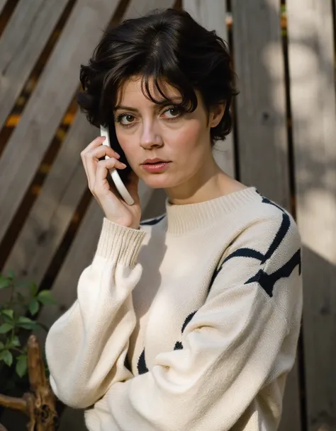 The image shows a woman with short black hair, standing in front of a wooden fence. She is wearing a beige sweater with a black and white pattern. The woman is holding a white phone to her ear and appears to be deep in thought. The background is blurred, b...