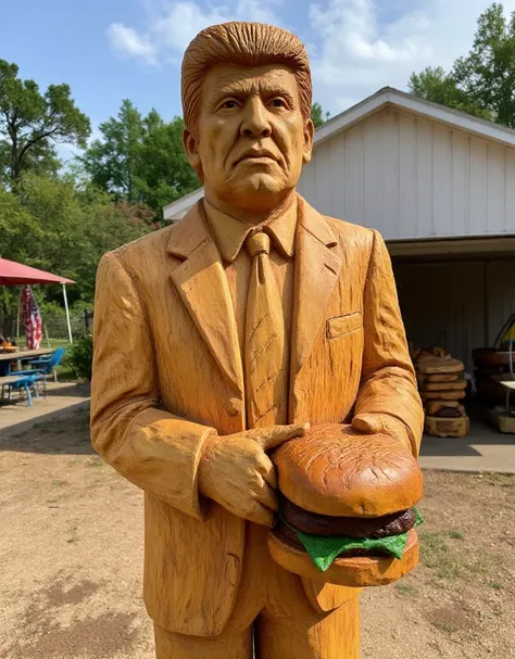 <lora:Chainsaw_sculpture:0.9> chainsaw sculpture, outdoors. Donald trump holding a burger