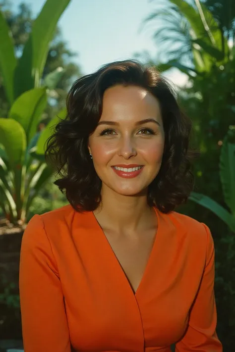 A stunning close-up portrait of a medium sized woman, captured on film with Kodaks signature colors. The scene unfolds in an exotic floral garden, where the subject sits elegantly, her vibrant top a pop of color against lush greenery. A beautiful smile ill...