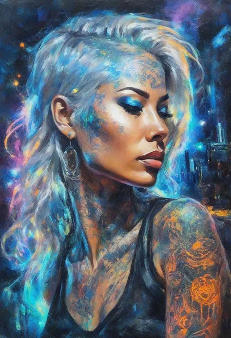 ImpressionistStrokes,  A futuristic portrait of a woman with bioluminescent tattoos, her sleek silver hair shimmering under an otherworldly light, with soft, impressionistic strokes blending her cybernetic features into the glowing neon backdrop of a high-...