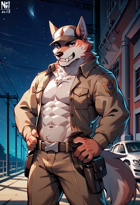 satowolf,red eye,patterned fur,seriously,guarding,wolf tail,brown_skin,overalls,holster,thoughtful,seriously,furrowed brows,utility belt,brown pants,brown uniform,guarding,cap,cute male furry feral chibi satowolf,teeth,posing,solo,abs,1boy,furry,muscular,p...