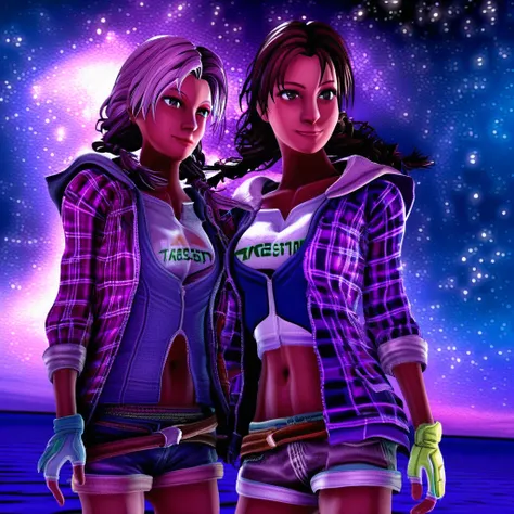 hoodie, star (sky), shirt, fingerless gloves, shorts, hood, starry sky, twin braids, navel, long hair, night sky