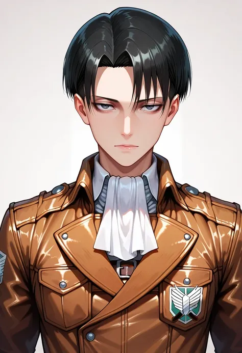 masterpiece, best quality, intricate details, semi-realistic, looking at viewer, , 1boy, solo, male focus, <lora:levi_ackerman_ilxl:0.9>, levi_ackerman, black hair, black eyes, short hair, curtained hair, paradis military uniform, ascot, , , leather jacket...